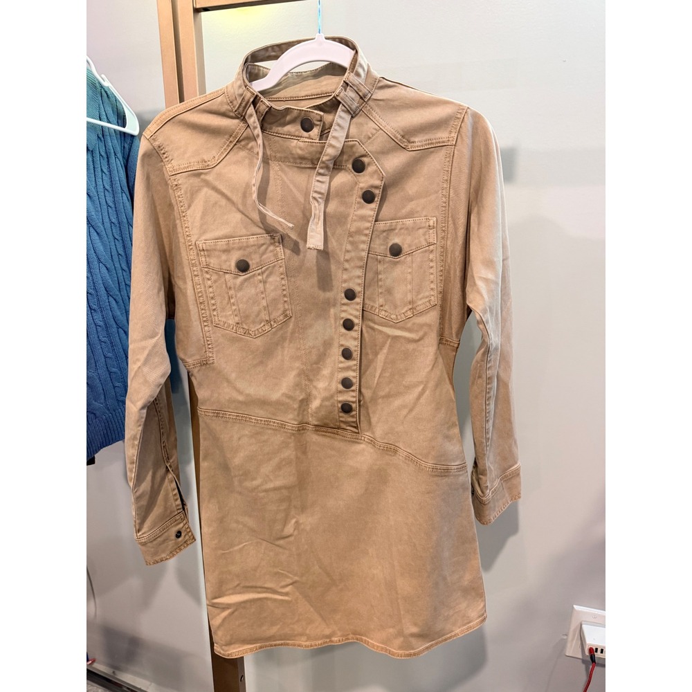 Tan Utility Military Mini Dress Asymmetrical Snap Front Long Sleeve Tan Small